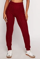 Womens Cable Knit High Waisted Joggers, Burgundy, Size L