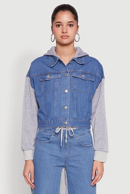 Womens Color Block Fleece Hooded Jean Jacket, Blue, Size M