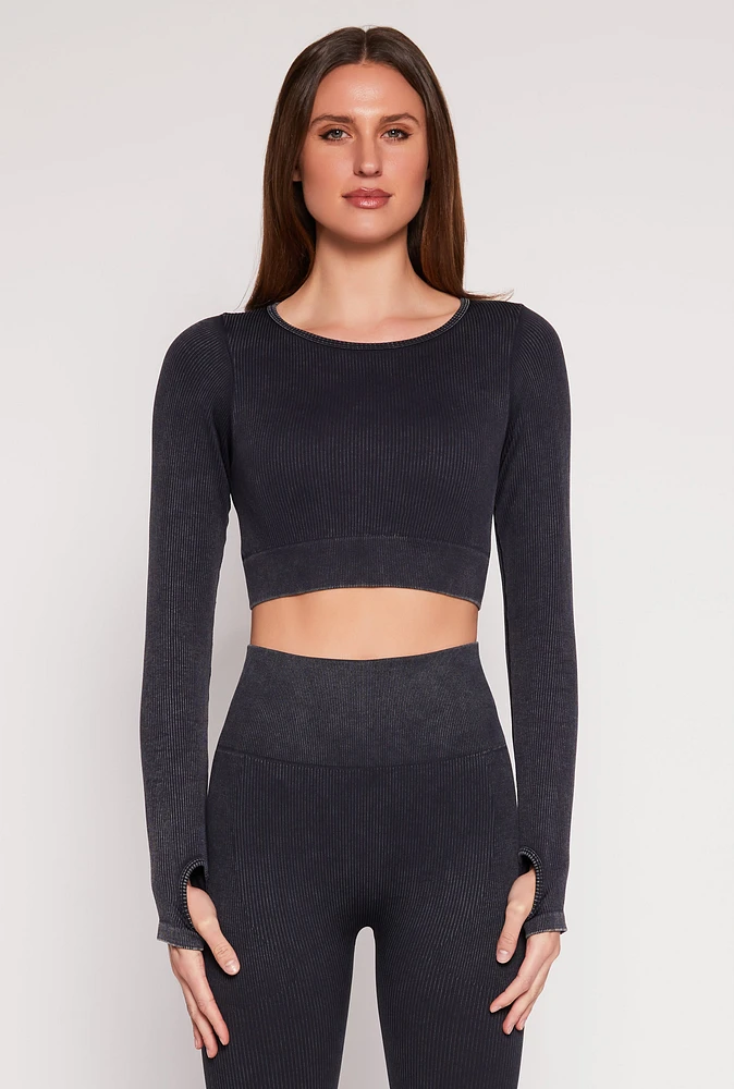 Womens Daisy Ribbed Knit Long Sleeve Crop Top, M