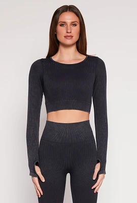 Womens Daisy Ribbed Knit Long Sleeve Crop Top, M
