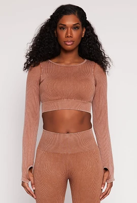 Womens Daisy Ribbed Knit Long Sleeve Crop Top, Brown, Size L