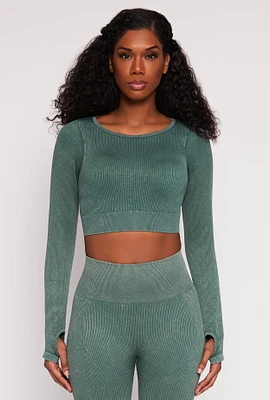Womens Daisy Ribbed Knit Long Sleeve Crop Top, Green, Size M