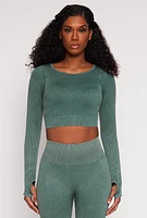 Womens Daisy Ribbed Knit Long Sleeve Crop Top, Green, Size M
