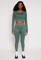 Womens Daisy Ribbed Knit Long Sleeve Crop Top, Green, Size M