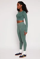 Womens Daisy Ribbed Knit Long Sleeve Crop Top, Green, Size M