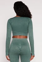 Womens Daisy Ribbed Knit Long Sleeve Crop Top, Green, Size M