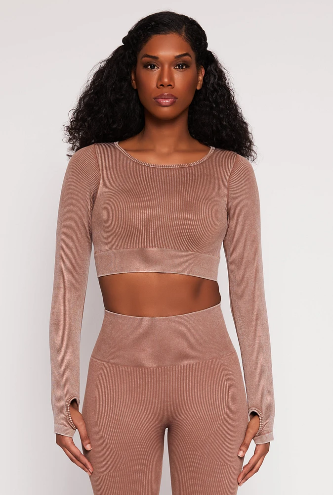 Womens Daisy Ribbed Knit Long Sleeve Crop Top, Brown, Size M