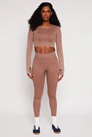Womens Daisy Ribbed Knit Long Sleeve Crop Top, Brown, Size M