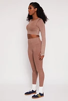 Womens Daisy Ribbed Knit Long Sleeve Crop Top, Brown, Size M