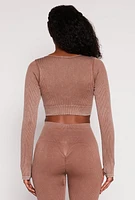 Womens Daisy Ribbed Knit Long Sleeve Crop Top, Brown, Size M