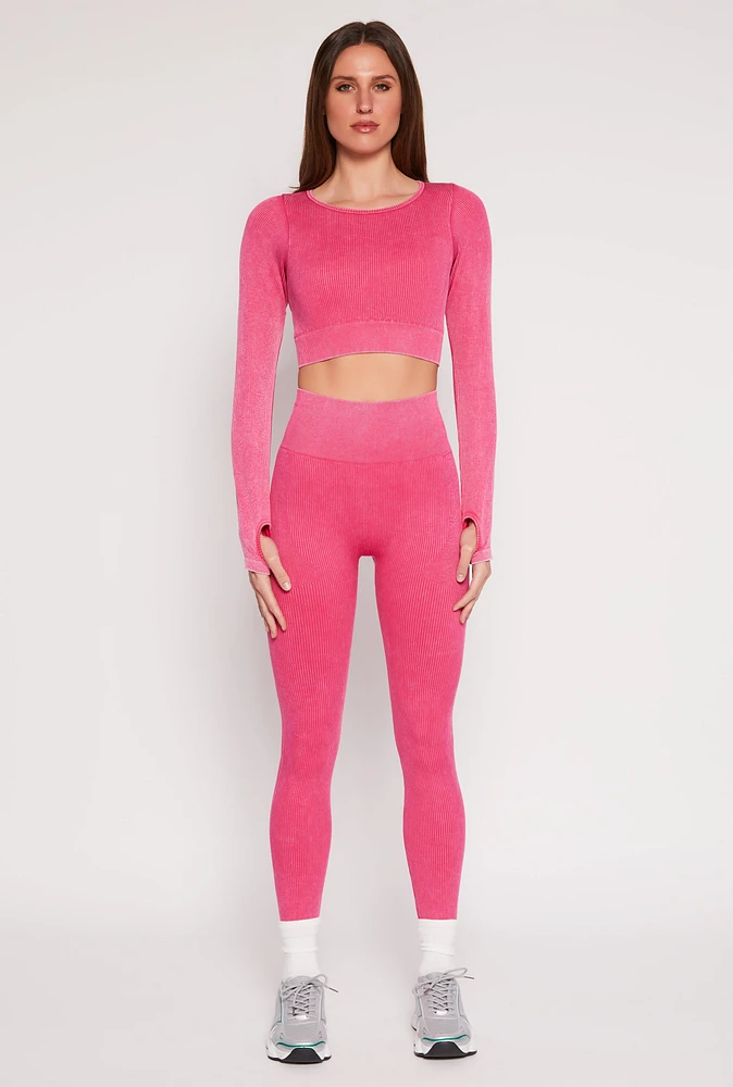 Womens Daisy Ribbed Knit Active Leggings, Pink, Size S