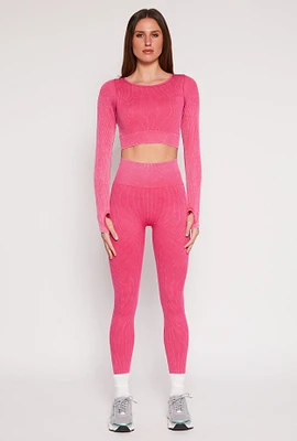 Womens Daisy Ribbed Knit Active Leggings, Pink, Size S