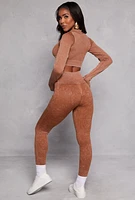 Womens Daisy Ribbed Knit High Waist Leggings, Brown,