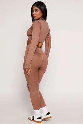 Womens Daisy Ribbed Knit High Waist Leggings, Brown,