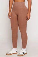 Womens Daisy Ribbed Knit High Waist Leggings, Brown,