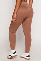 Womens Daisy Ribbed Knit High Waist Leggings, Brown,