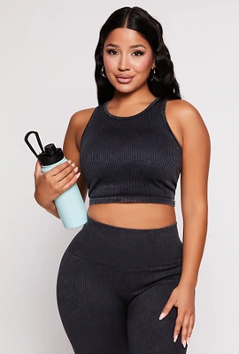 Womens Daisy Acid Wash Ribbed Crew Neck Tank Top, Black, Size M
