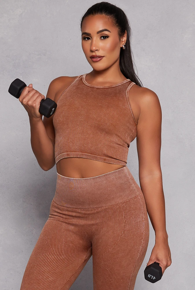 Womens Daisy Acid Wash Ribbed Crew Neck Tank Top, Brown, Size S