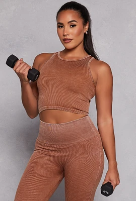 Womens Daisy Acid Wash Ribbed Crew Neck Tank Top, Brown, Size S