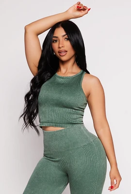 Womens Daisy Acid Wash Ribbed Crew Neck Tank Top, Green, Size S