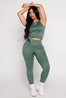 Womens Daisy Acid Wash Ribbed Crew Neck Tank Top, Green, Size S