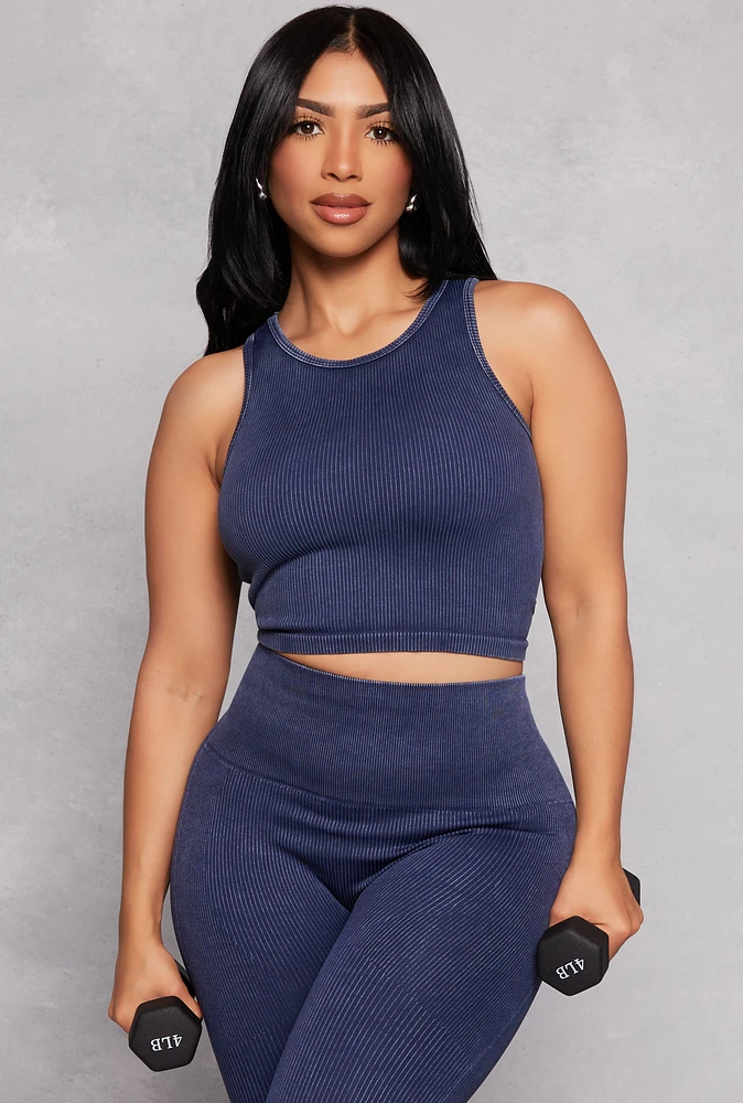 Womens Daisy Acid Wash Ribbed Crew Neck Tank Top, Blue, Size S