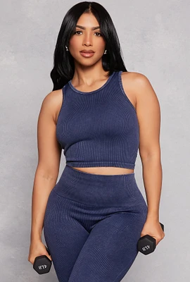 Womens Daisy Acid Wash Ribbed Crew Neck Tank Top, Blue, Size S