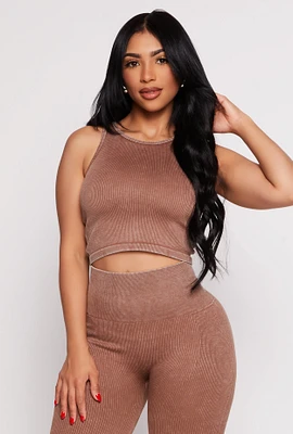 Womens Daisy Acid Wash Ribbed Crew Neck Tank Top, Brown, Size S