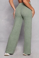 Womens Daisy Ribbed Knit Wide Leg Pants, Green,