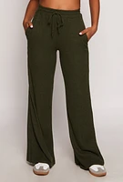 Womens Daisy Ribbed Knit Wide Leg Pants, Green, Size S