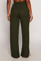 Womens Daisy Ribbed Knit Wide Leg Pants, Green, Size S