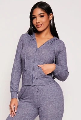 Womens Daisy Brushed Knit Zip Front Hoodie, Blue, Size S