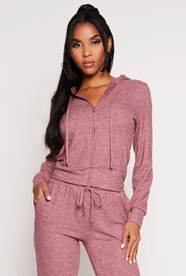 Womens Daisy Brushed Knit Zip Front Hoodie, Burgundy, Size S