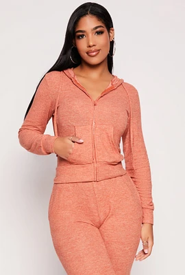 Womens Daisy Brushed Knit Zip Front Hoodie, Orange, Size S