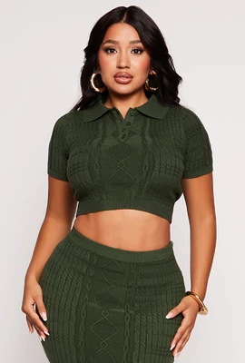 Womens Daisy Cable Knit Cropped Polo Shirt, Green, Size S
