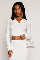Womens Daisy Cable Knit Cropped Polo Sweater, White, Size S