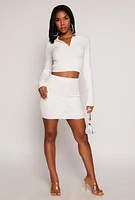 Womens Daisy Cable Knit Cropped Polo Sweater, White, Size S
