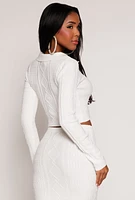 Womens Daisy Cable Knit Cropped Polo Sweater, White, Size S