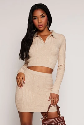 Womens Daisy Cable Knit Cropped Polo Sweater,
