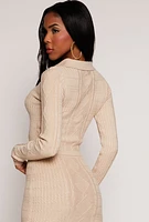 Womens Daisy Cable Knit Cropped Polo Sweater,