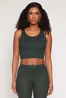 Womens Daisy Ribbed Knit Cropped Tank Top, Green,