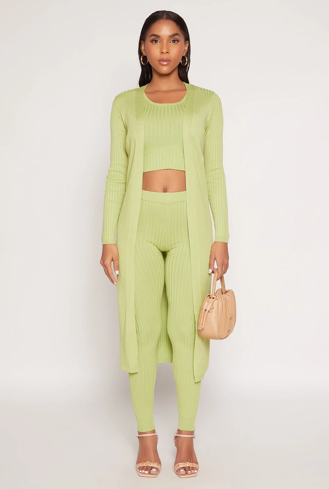 Womens Daisy Ribbed Knit Open Front Duster, Green, Size L