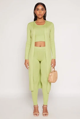Womens Daisy Ribbed Knit Open Front Duster, Green, Size L