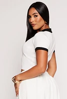 Womens Daisy Knit Contrast Trim Button Front Top, White, Size XL