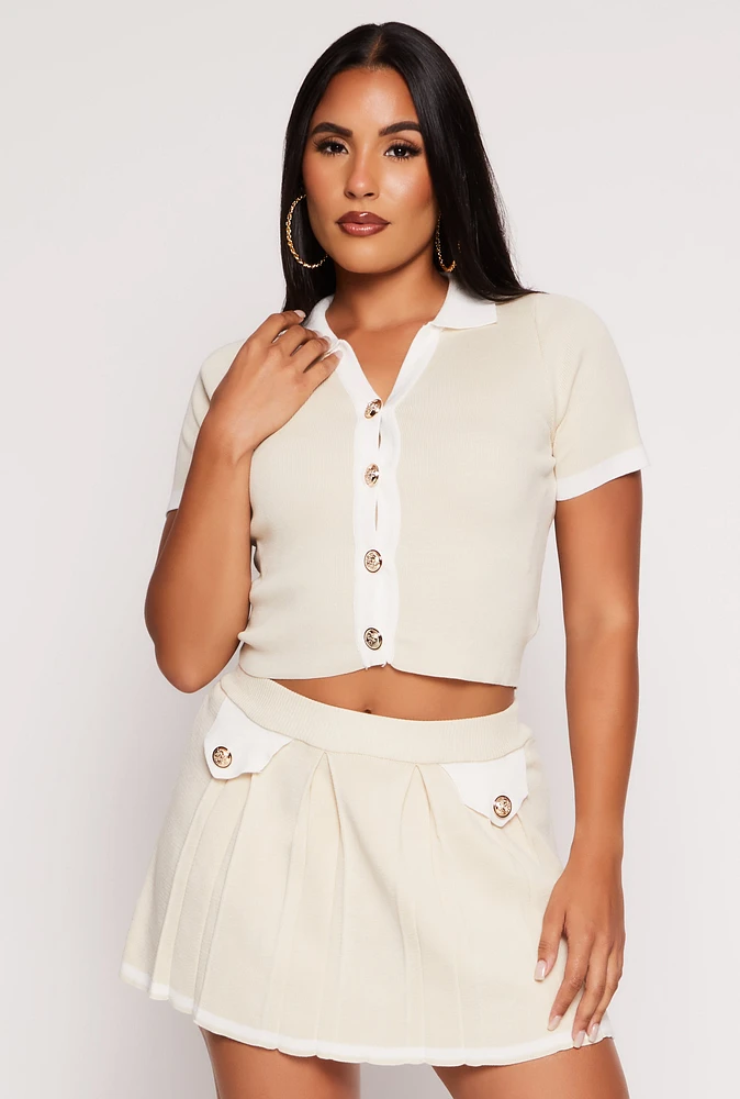 Womens Daisy Knit Contrast Trim Button Front Top,