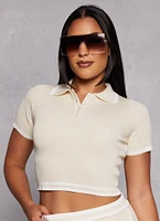 Womens Daisy Knit Varsity Stripe Cropped Polo Shirt, Beige, Size S