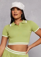 Womens Daisy Knit Varsity Stripe Cropped Polo Shirt, Green, Size L