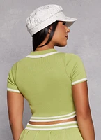 Womens Daisy Knit Varsity Stripe Cropped Polo Shirt, Green, Size L