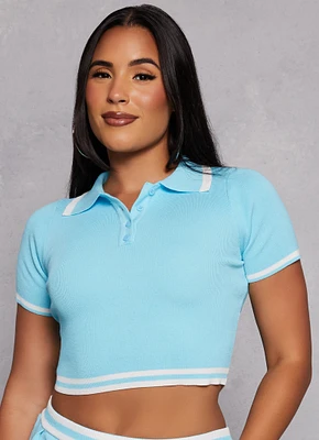 Womens Daisy Knit Varsity Stripe Cropped Polo Shirt,