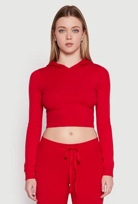 Womens Daisy Cropped Hooded Pullover Sweater, Red, Size XL